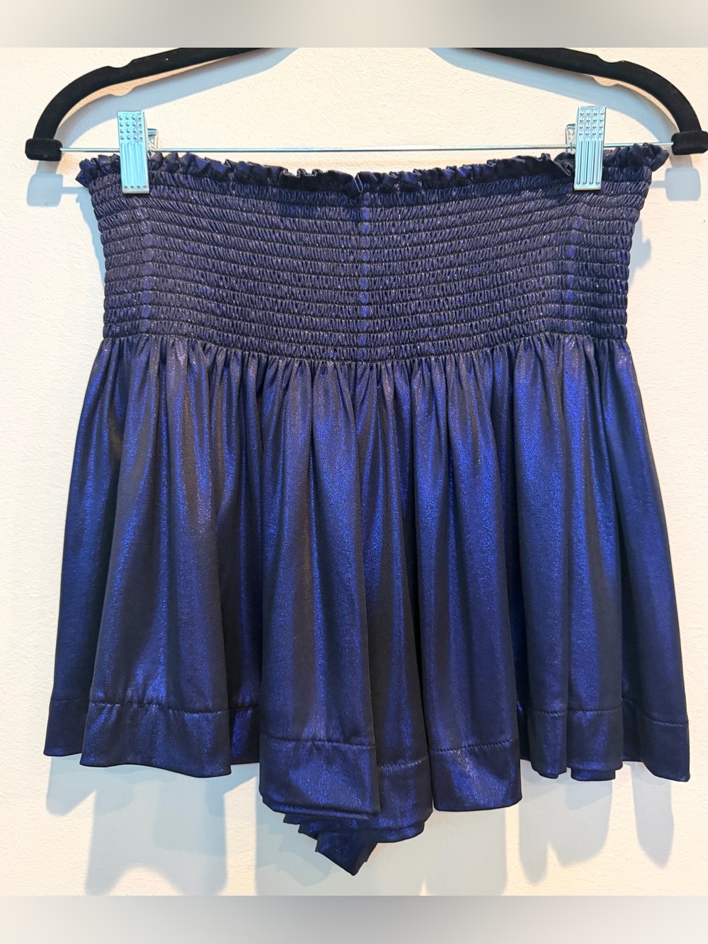 QUEEN OF SPARKLES Shimmery Navy Blue High-Waist Smocked Shorts